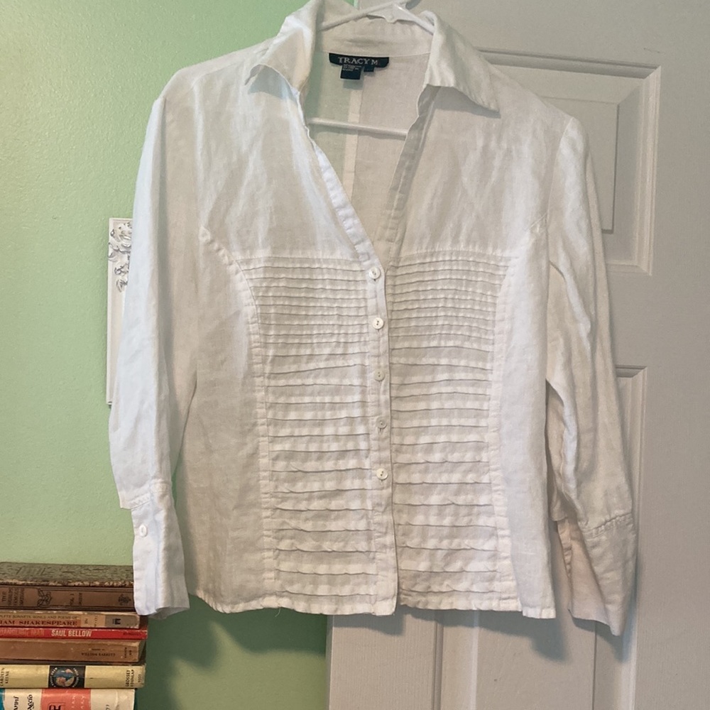 100% linen button up down blouse collar luxe summer Tracy M
